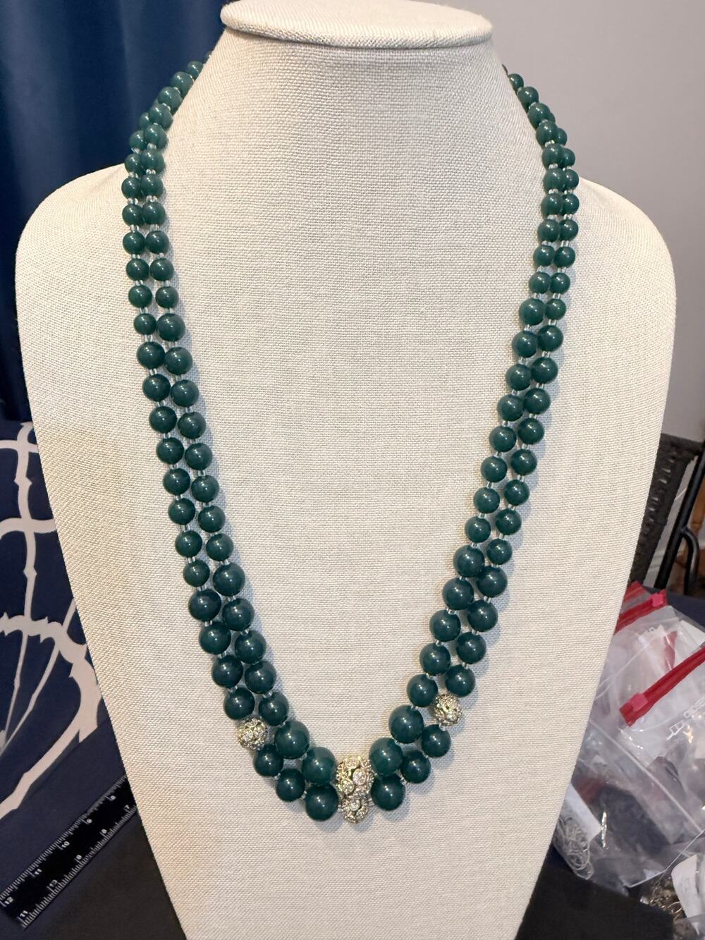 Green Beaded Acrylic Double Strand Statement Necklace Gold Tone Accents 26”